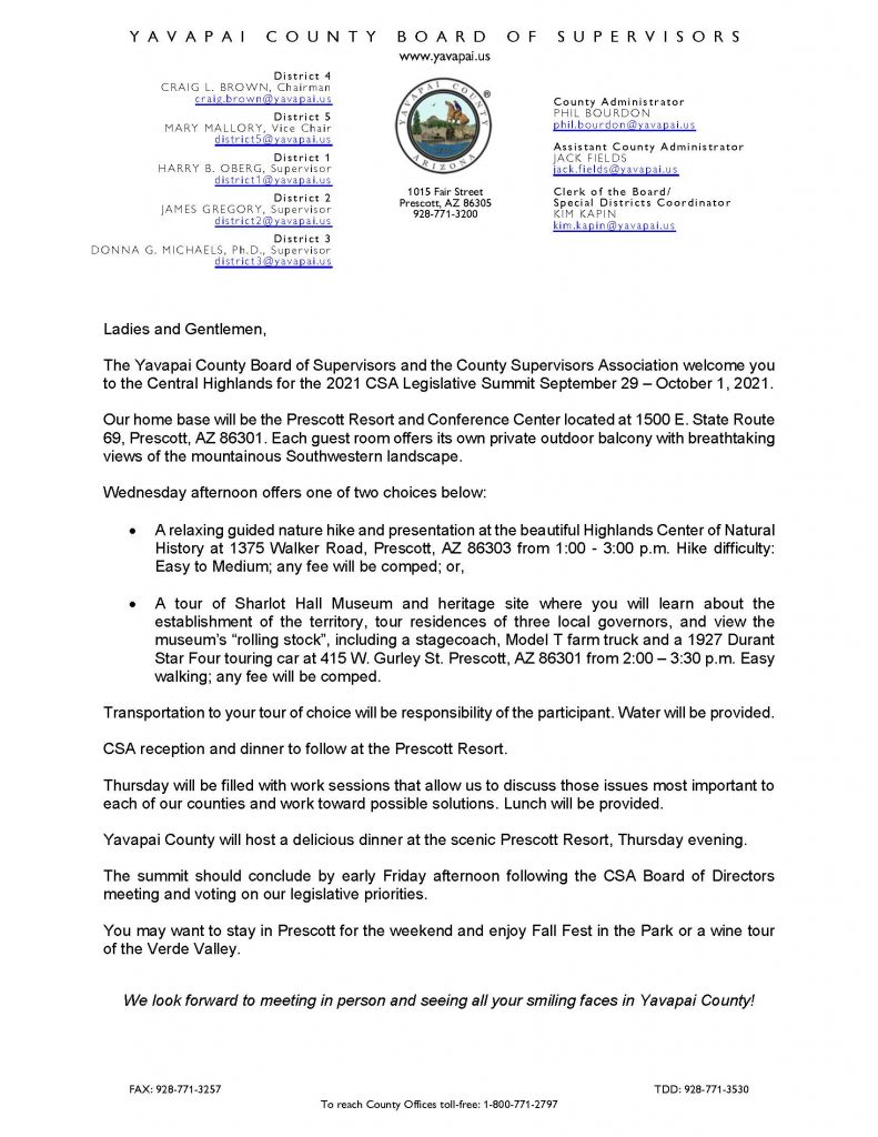 Yavapai County Welcome Letter | County Supervisors Association of Arizona